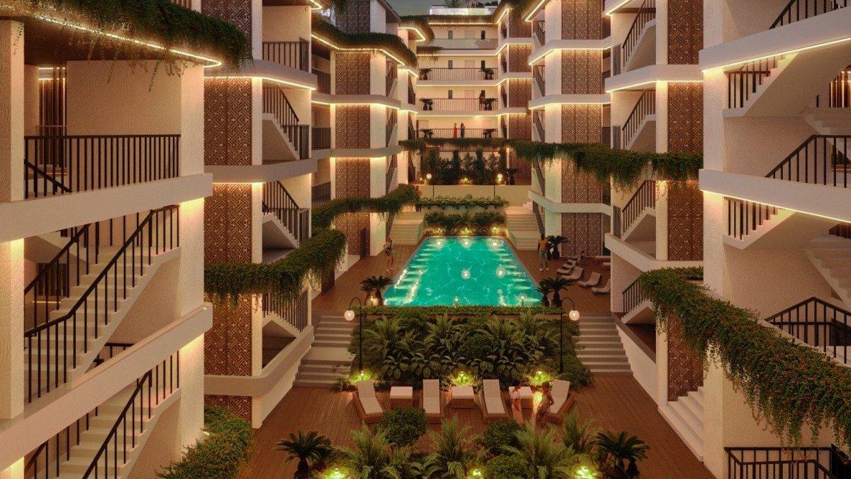 Courtyard of HABBI Bali Melasti with pools in the evening