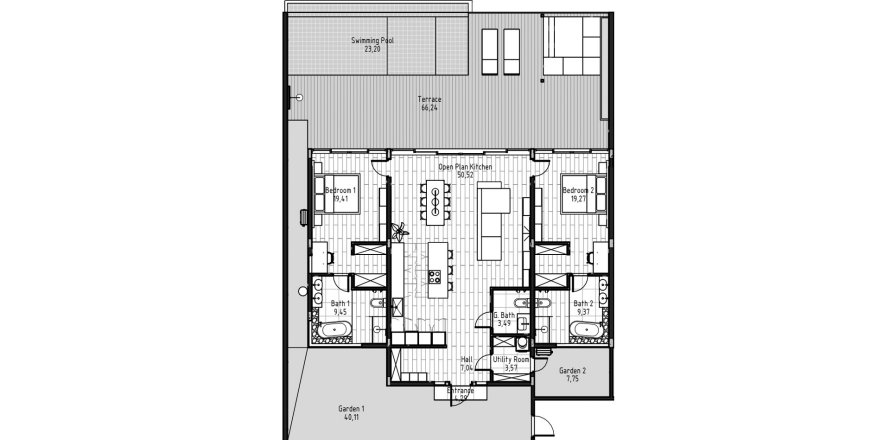 Планировка Виллы «2BR-4» с 2 спальнями в ЖК Serenity Villas